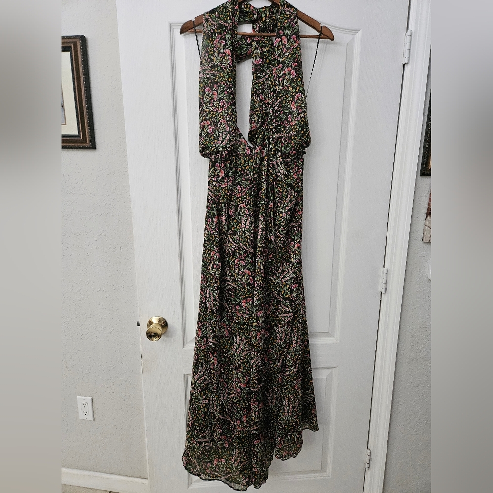 Misa los angeles black floral Maxi Sleeveless with attached tie XS NWT